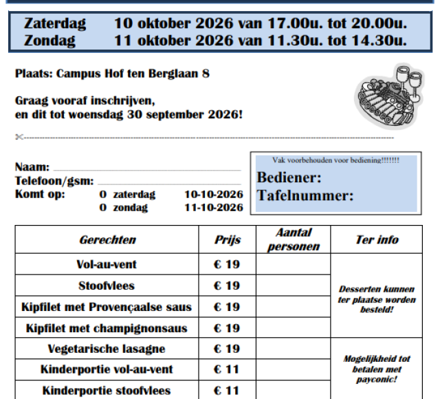 Steun onze school door een lekkere maaltijd te komen eten!